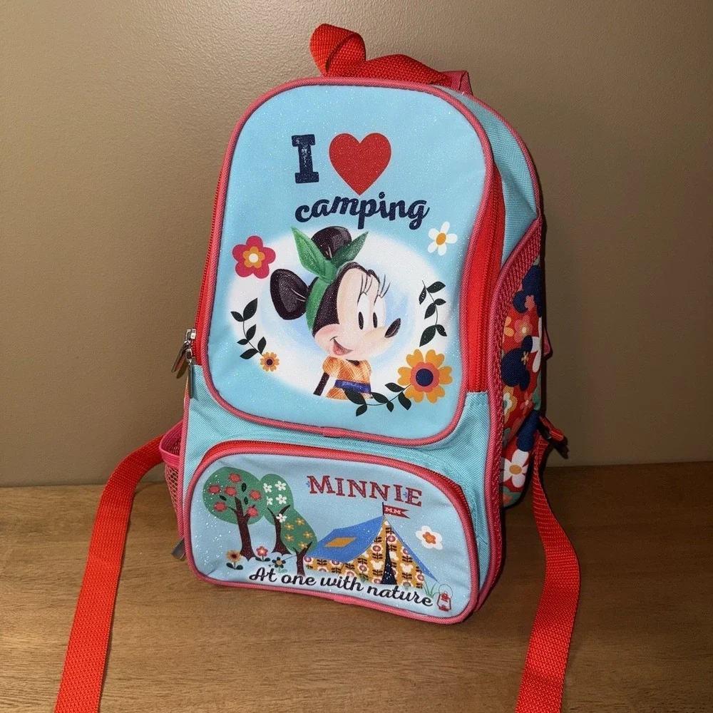 Disney Minnie Mouse I Love Camping Backpack Blue Pink Floral Kids School Bag